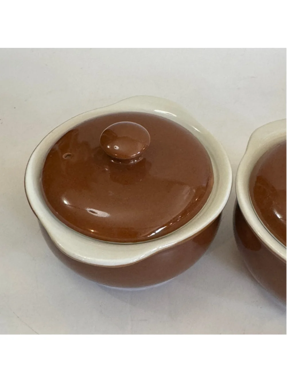 Vintage Hall USA Brown Cream Stoneware Individual Casserole Crocks Lids Set 2